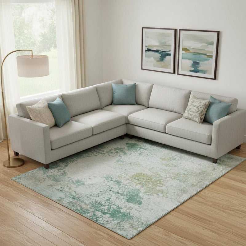 8' X 10' Light Taupe And Teal Abstract Washable Area Rug With UV Protection