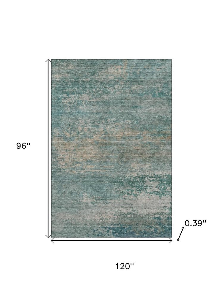 8' X 10' Aqua And Beige Abstract Washable Area Rug With UV Protection