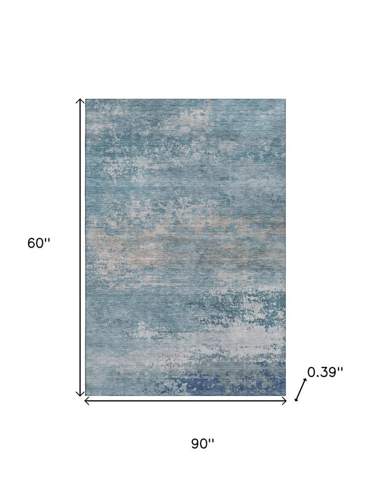 5' X 8' Sky Blue And Gray Abstract Washable Area Rug With UV Protection