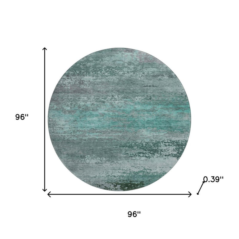 8' Teal And Gray Abstract Washable Round Rug With UV Protection