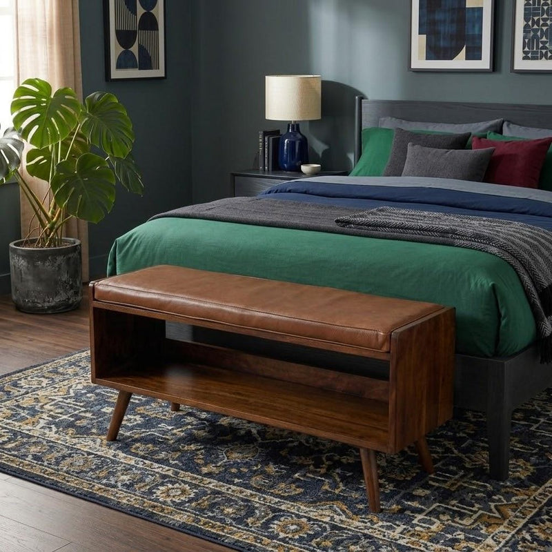 35" Brown And Chestnut Genuine Leather And Solid Wood Upholstered Storage Bench With Shoe Storage