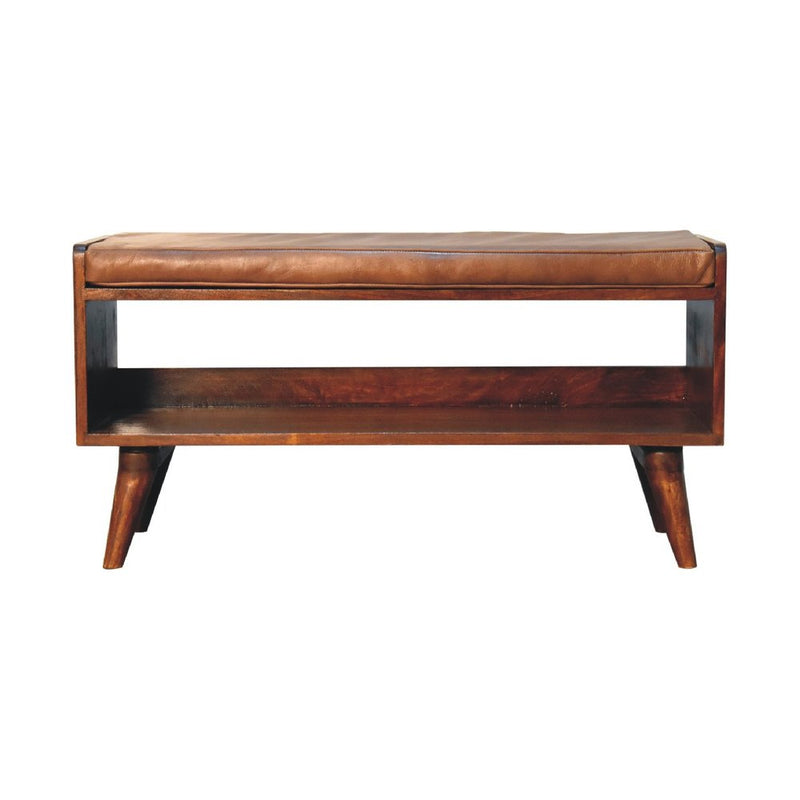 35" Brown And Chestnut Genuine Leather And Solid Wood Upholstered Storage Bench With Shoe Storage