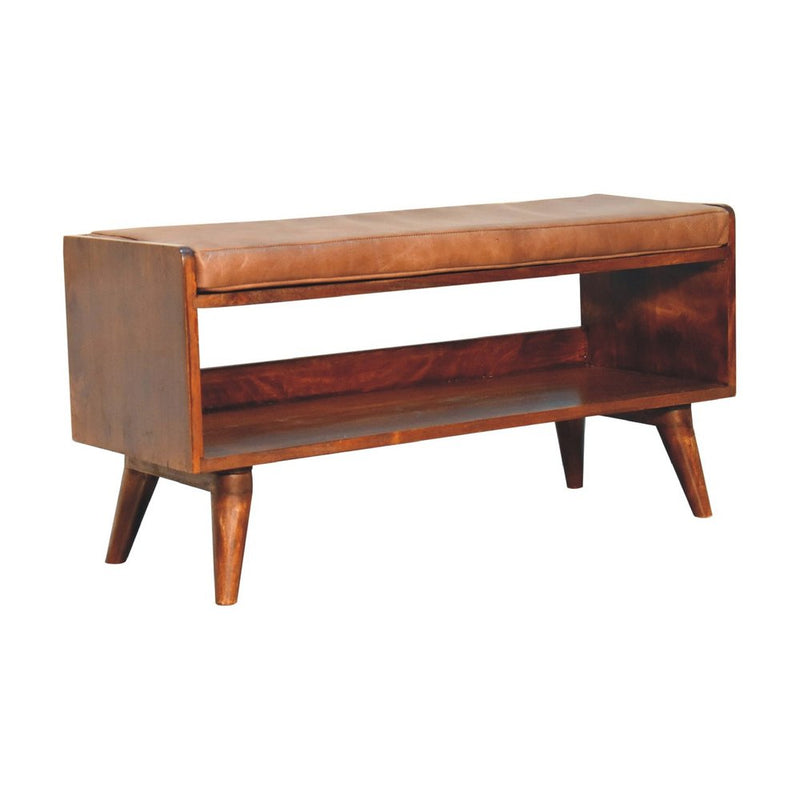 35" Brown And Chestnut Genuine Leather And Solid Wood Upholstered Storage Bench With Shoe Storage