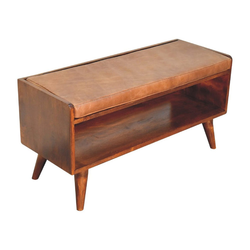35" Brown And Chestnut Genuine Leather And Solid Wood Upholstered Storage Bench With Shoe Storage