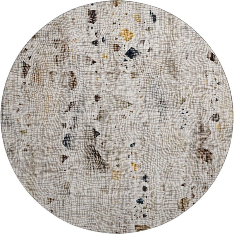 8' Linen And Beige Abstract Washable Round Rug With UV Protection
