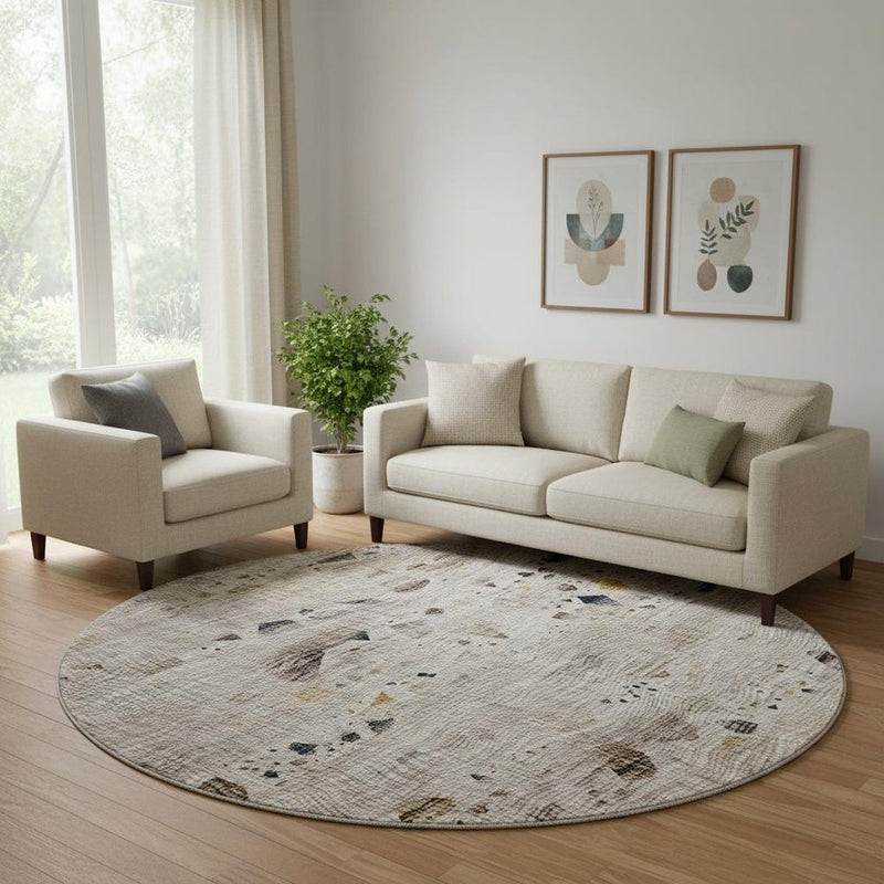 8' Linen And Beige Abstract Washable Round Rug With UV Protection
