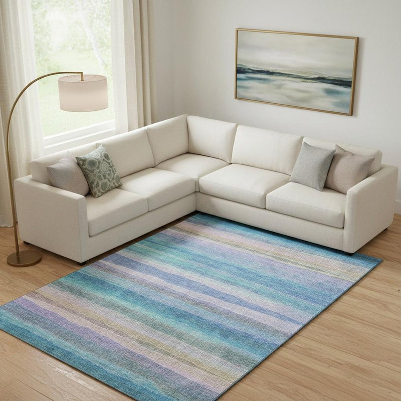 9' X 12' Aqua And Lavender Striped Washable Area Rug With UV Protection