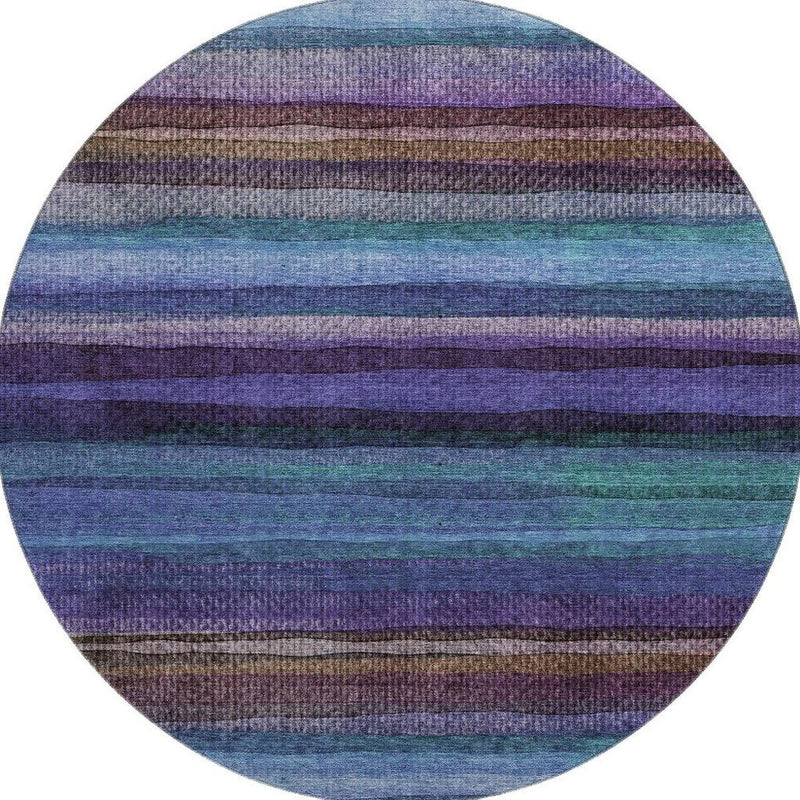 8' Blue And Purple Striped Washable Round Rug With UV Protection