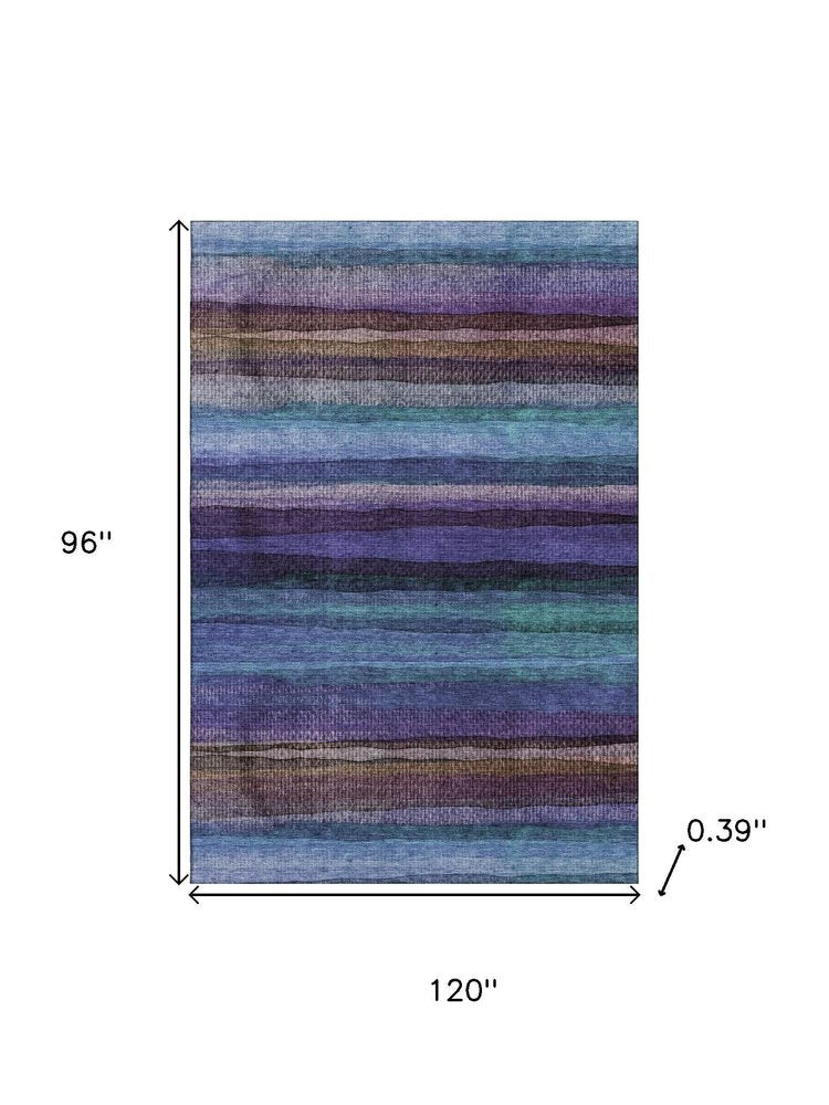 8' X 10' Blue And Purple Striped Washable Area Rug With UV Protection