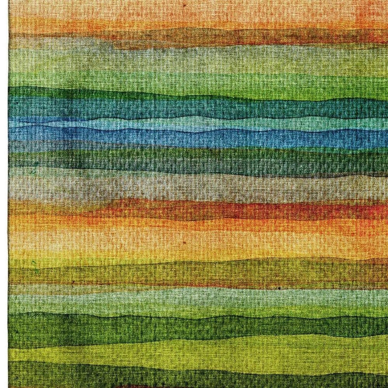 9' X 12' Green And Teal Striped Washable Area Rug With UV Protection