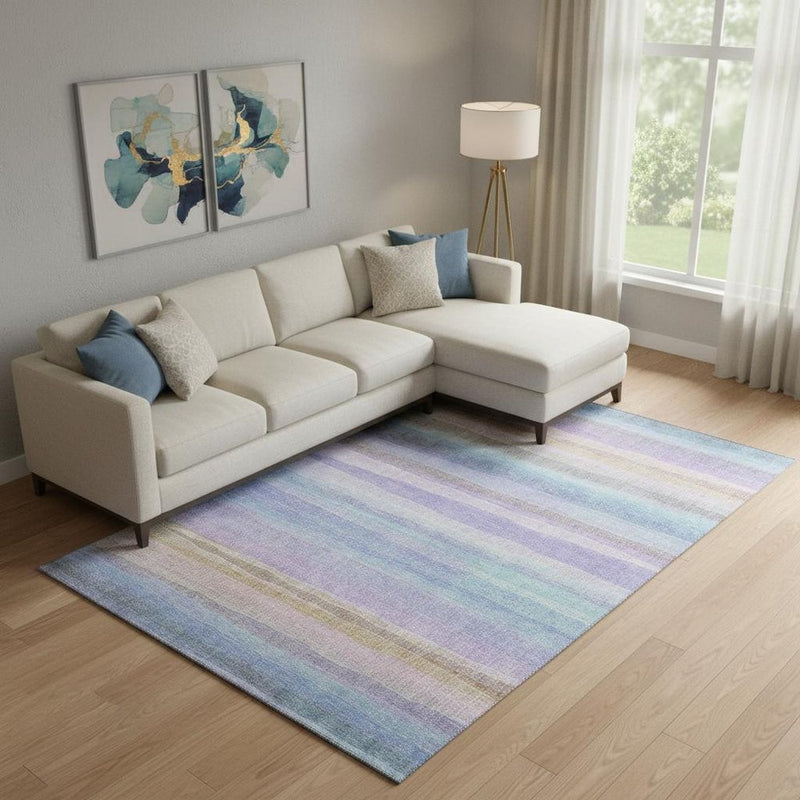 10' X 14' Lavender And Sky Blue Striped Washable Area Rug With UV Protection