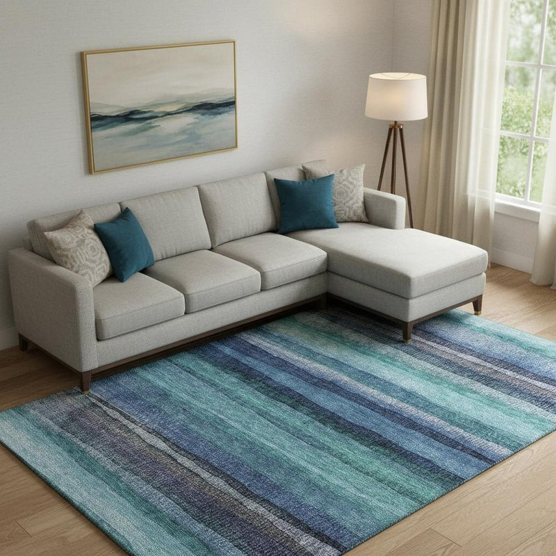 8' X 10' Teal And Navy Blue Striped Washable Area Rug With UV Protection