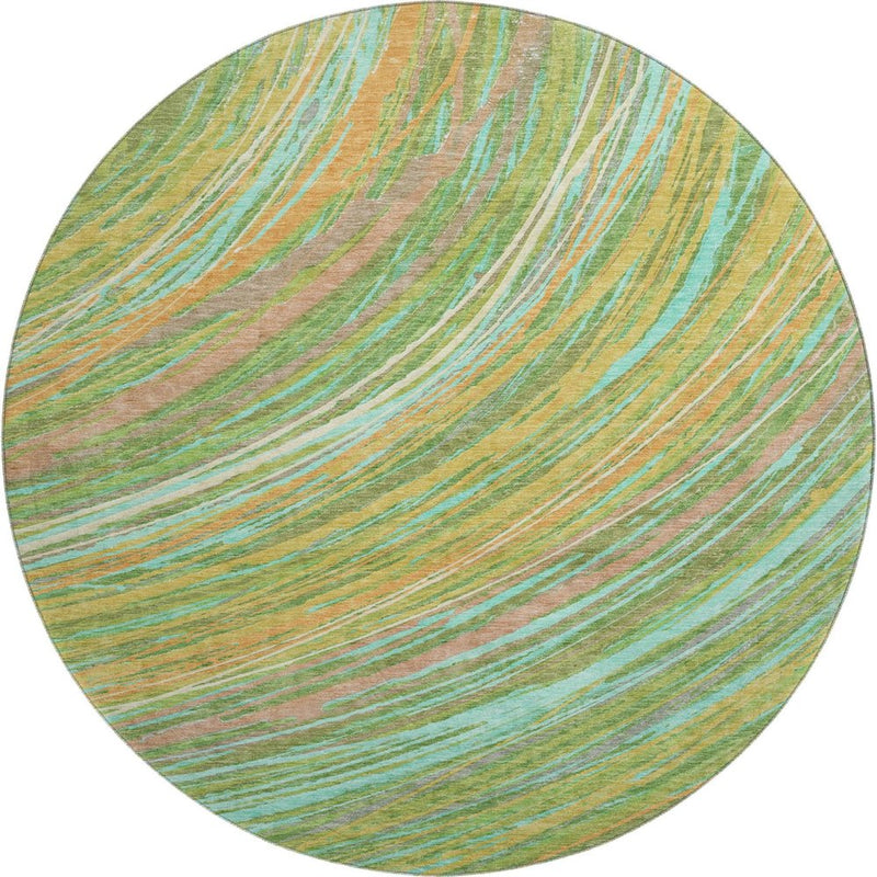 8' Green And Peach Abstract Washable Round Rug With UV Protection