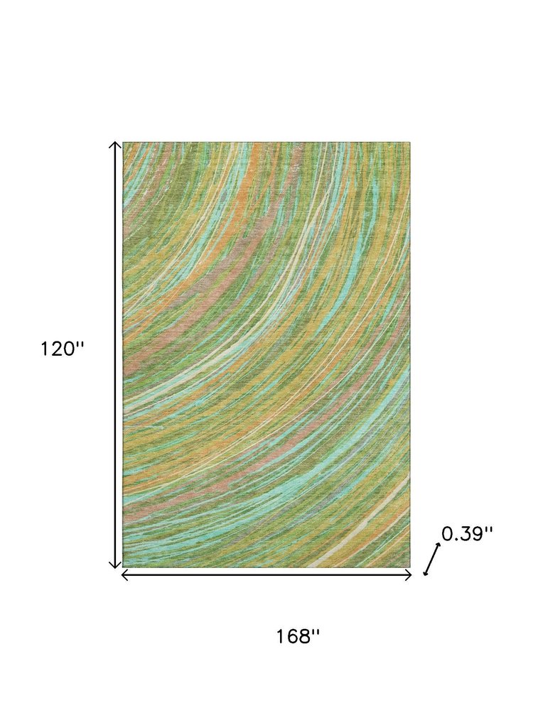 10' X 14' Green And Peach Abstract Washable Area Rug With UV Protection