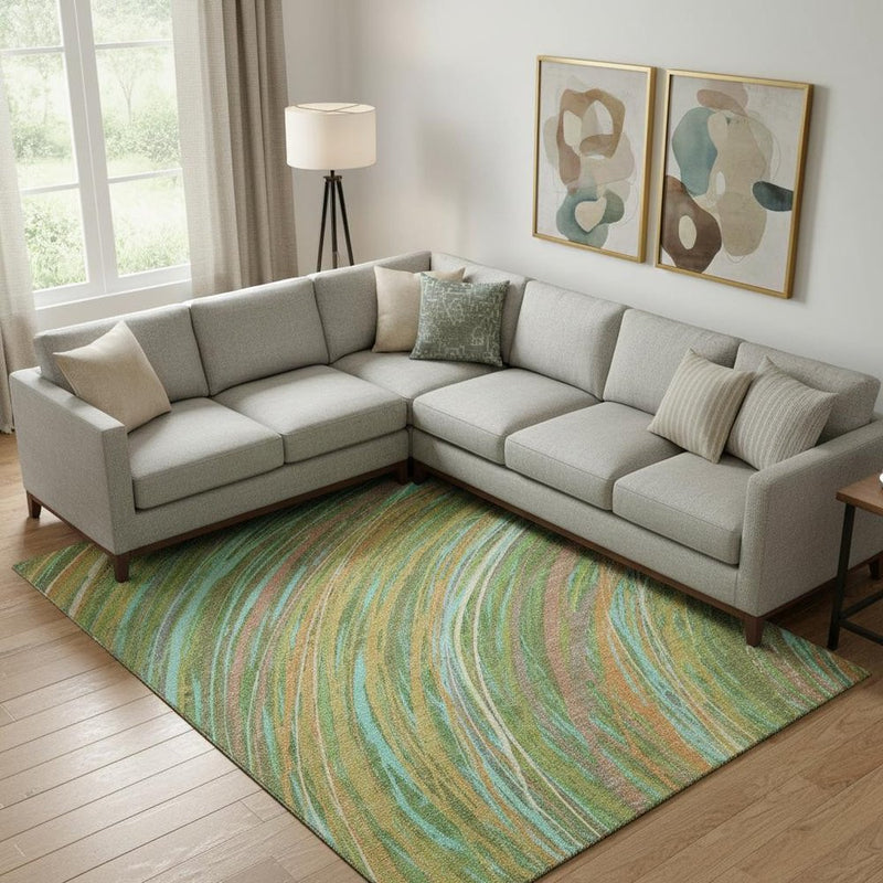 10' X 14' Green And Peach Abstract Washable Area Rug With UV Protection