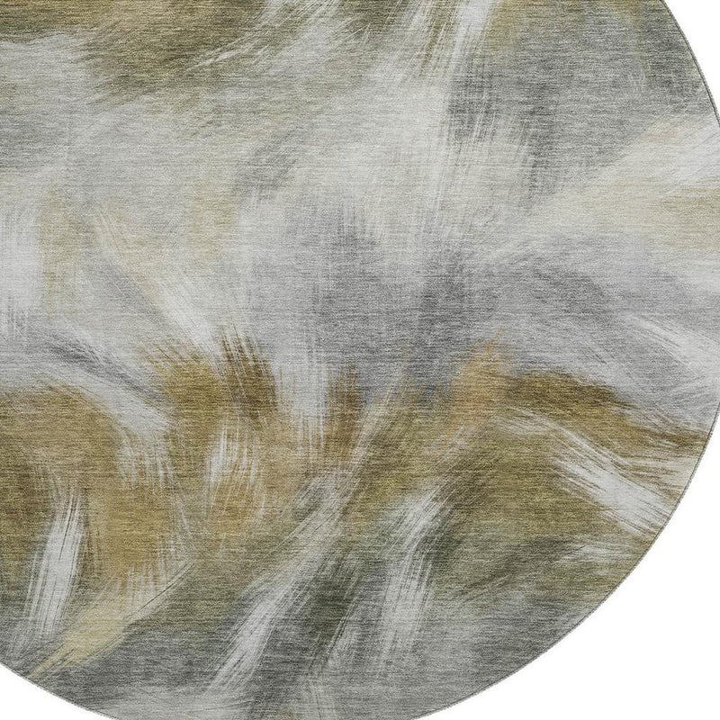 8' Pewter And Gold Abstract Washable Round Rug With UV Protection