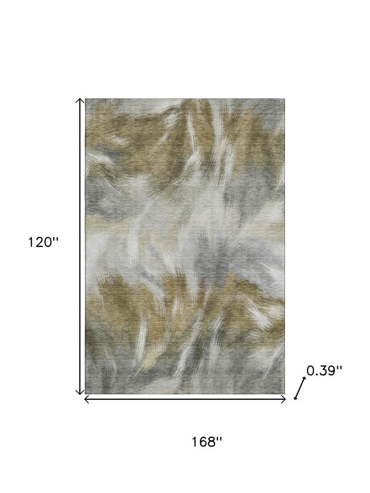 10' X 14' Pewter And Gold Abstract Washable Area Rug With UV Protection