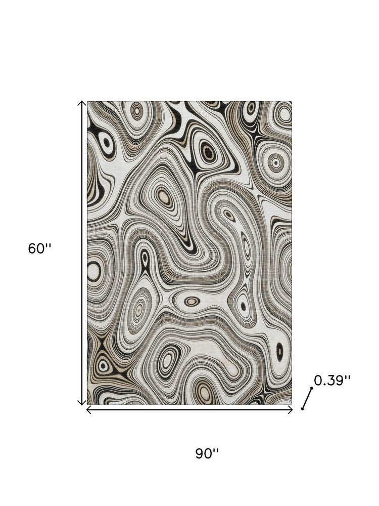 5' X 8' Ivory And Charcoal Geometric Washable Area Rug With UV Protection