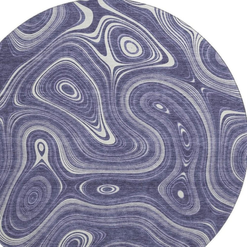 8' Plum And Ivory Geometric Washable Round Rug With UV Protection