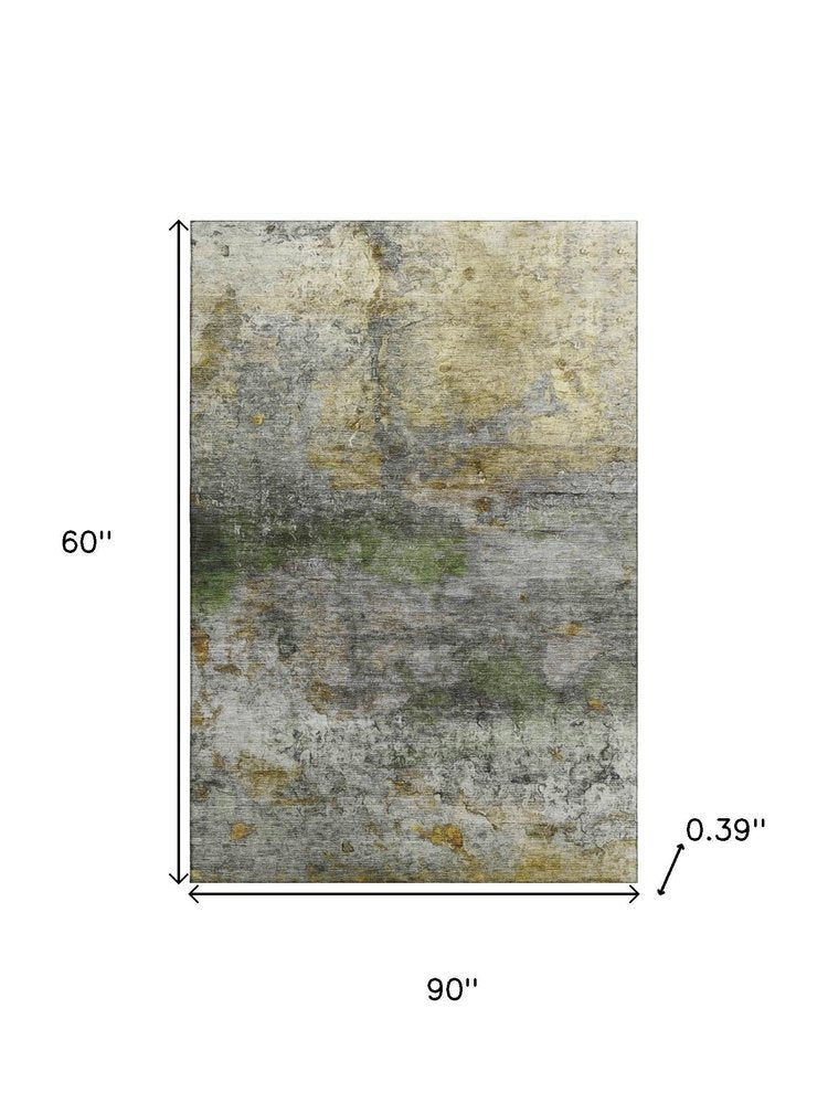 5' X 8' Olive Green And Gold Abstract Washable Area Rug With UV Protection