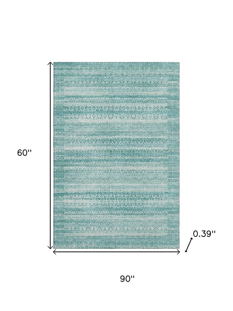 5' X 8' Aqua And Ivory Striped Washable Area Rug With UV Protection