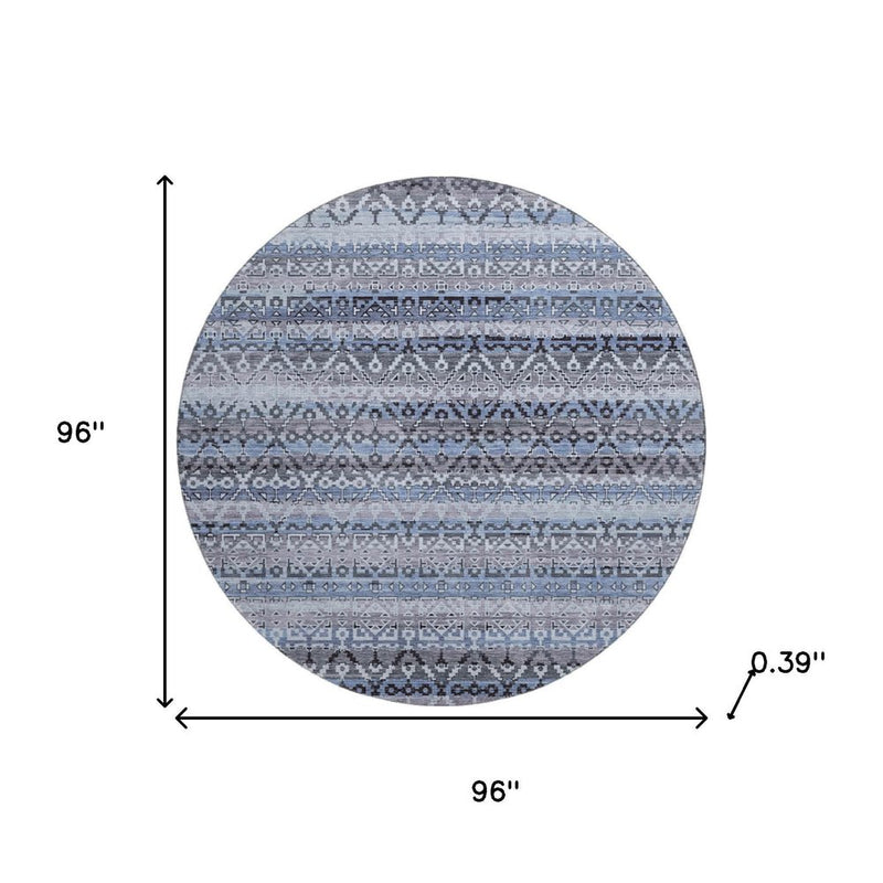 8' Blue And Charcoal Striped Washable Round Rug With UV Protection