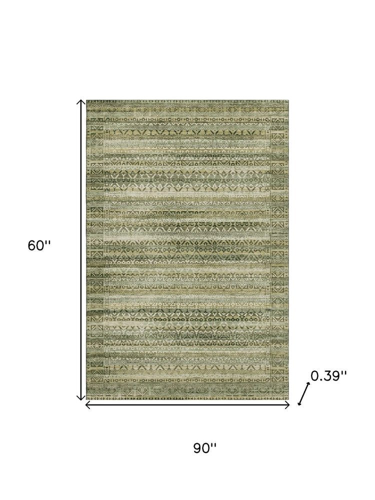 5' X 8' Green And Charcoal Striped Washable Area Rug With UV Protection