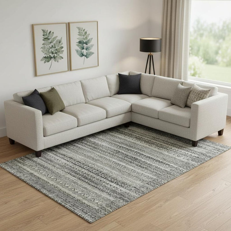 8' X 10' Pewter And Charcoal Striped Washable Area Rug With UV Protection
