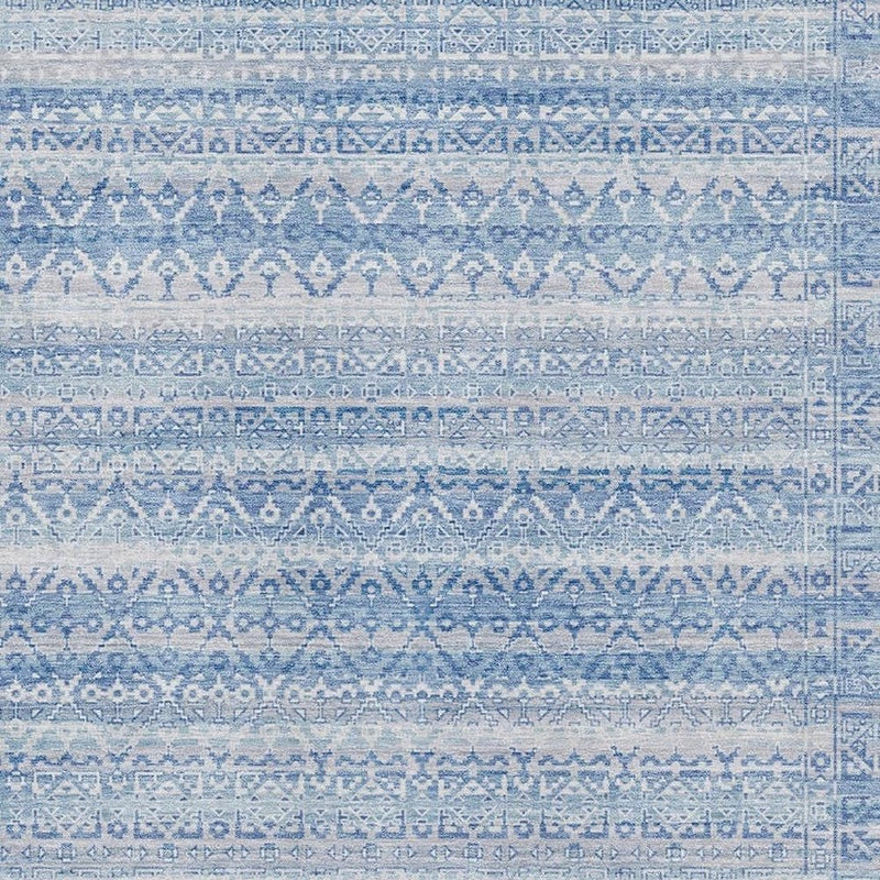 8' X 10' Sky Blue And Ivory Striped Washable Area Rug With UV Protection