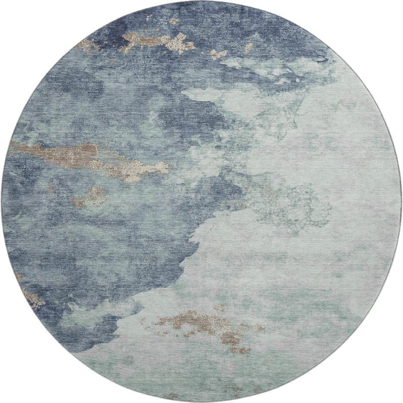 8' Pale Aqua And Taupe Abstract Washable Round Rug With UV Protection