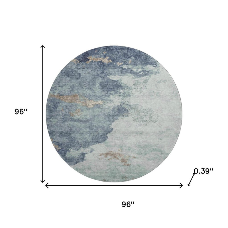 8' Pale Aqua And Taupe Abstract Washable Round Rug With UV Protection