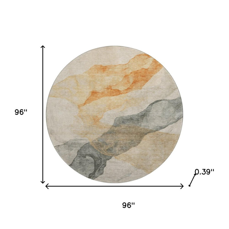 8' Orange And Gray Abstract Washable Round Rug With UV Protection