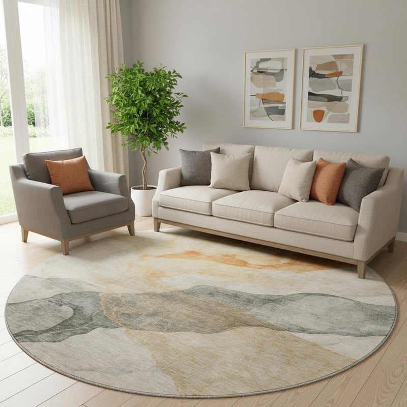 8' Orange And Gray Abstract Washable Round Rug With UV Protection