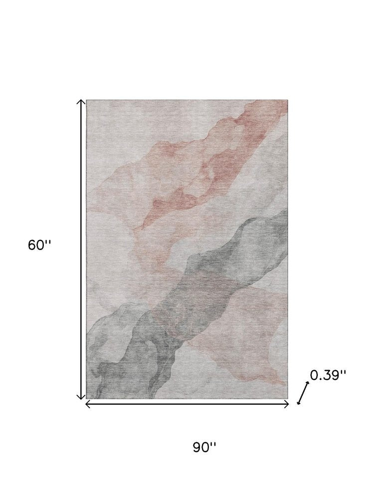 5' X 8' Salmon And Gray Abstract Washable Area Rug With UV Protection
