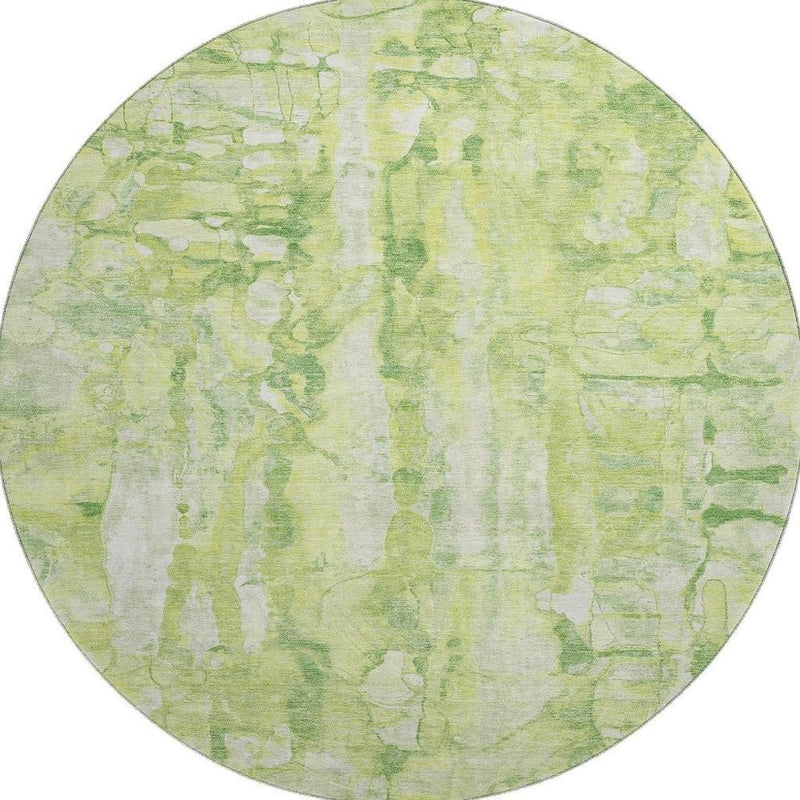 8' Lime Green And Ivory Abstract Washable Round Rug With UV Protection