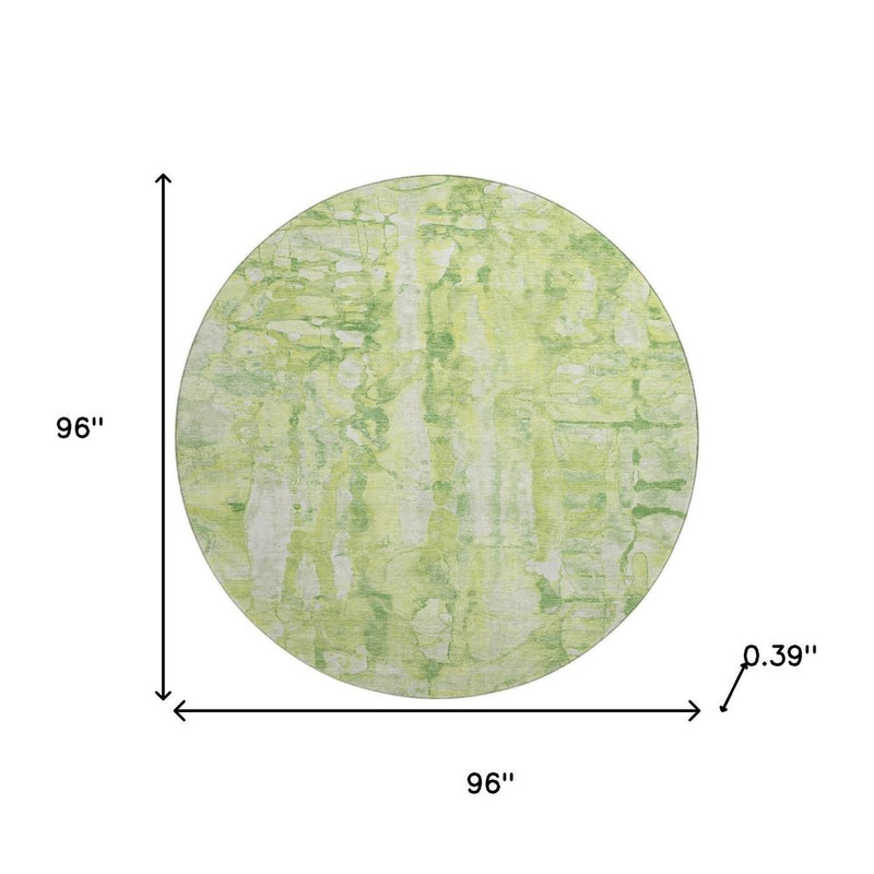 8' Lime Green And Ivory Abstract Washable Round Rug With UV Protection