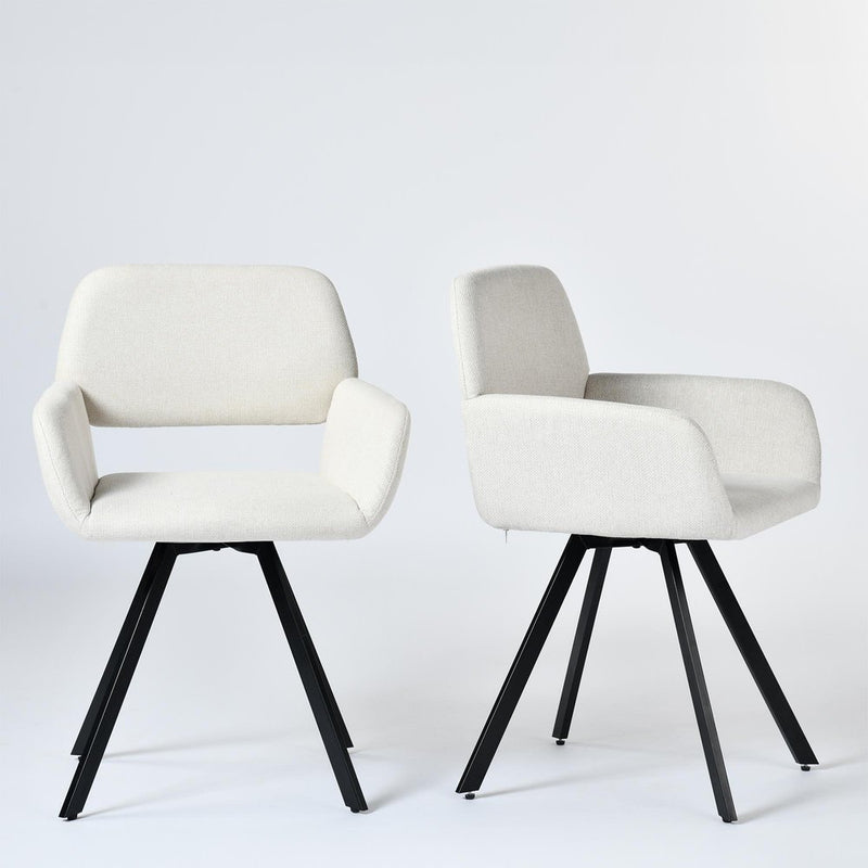 Set of Two Beige and Black Fabric and Steel Dining Arm Chairs