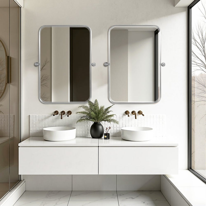 Set of Two Silver Iron Tilting Framed Bathroom Vanity Mirrors