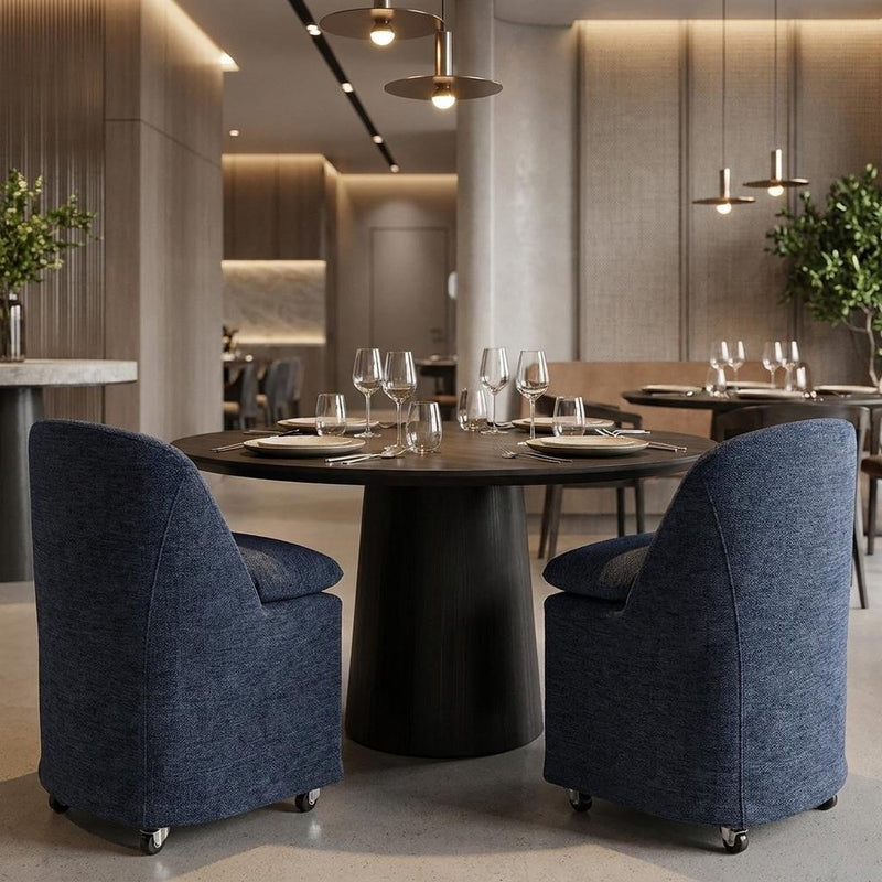 Set of Two Blue Chenille Wing Back Dining Chairs With Wheels