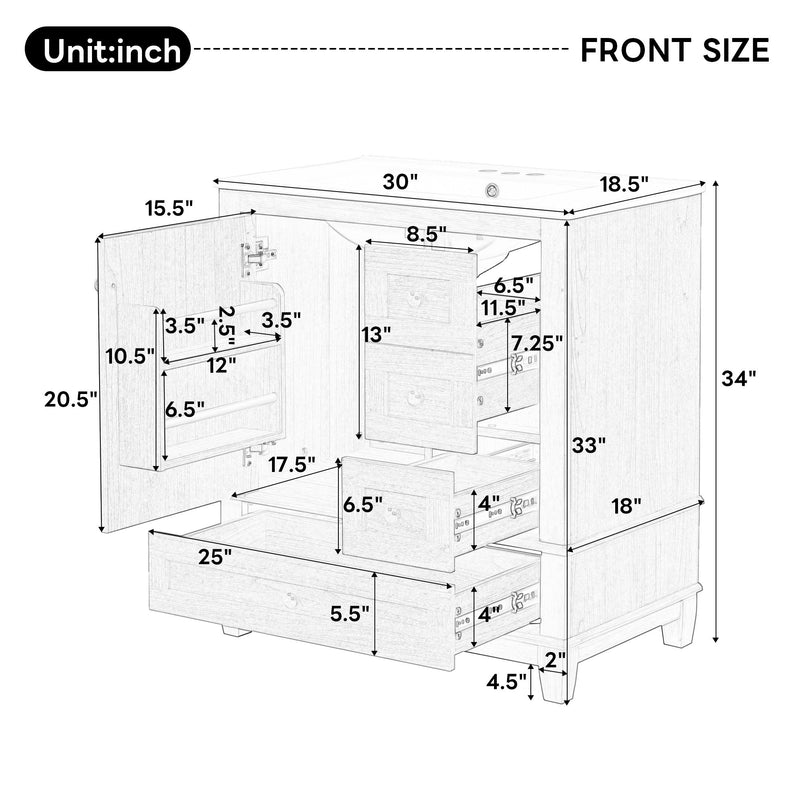 Freestanding Bathroom Vanity With Sink, Soft Close Doors & Drawers, Ample Storage - Wood