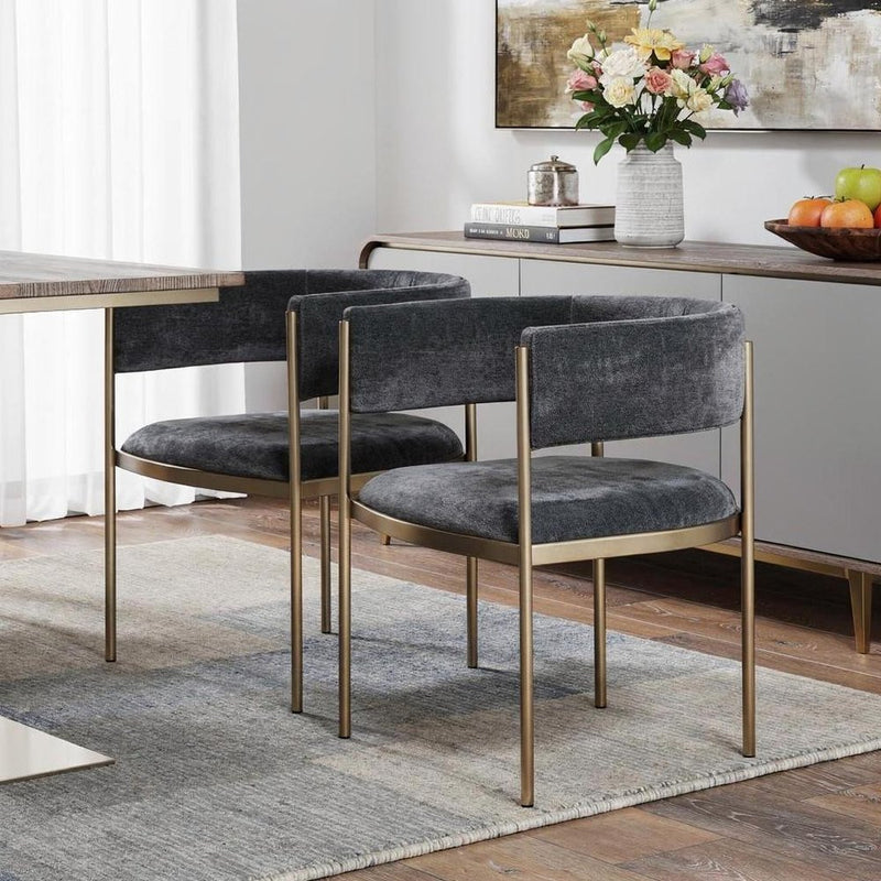 Set of Two Charcoal And Gold Fabric And Metal Partially Open Back Dining Arm Chairs