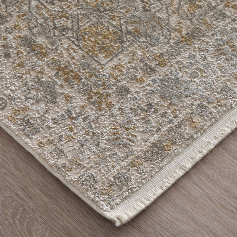 3' X 5' Ivory Gray And Gold Oriental Area Rug With Fringe