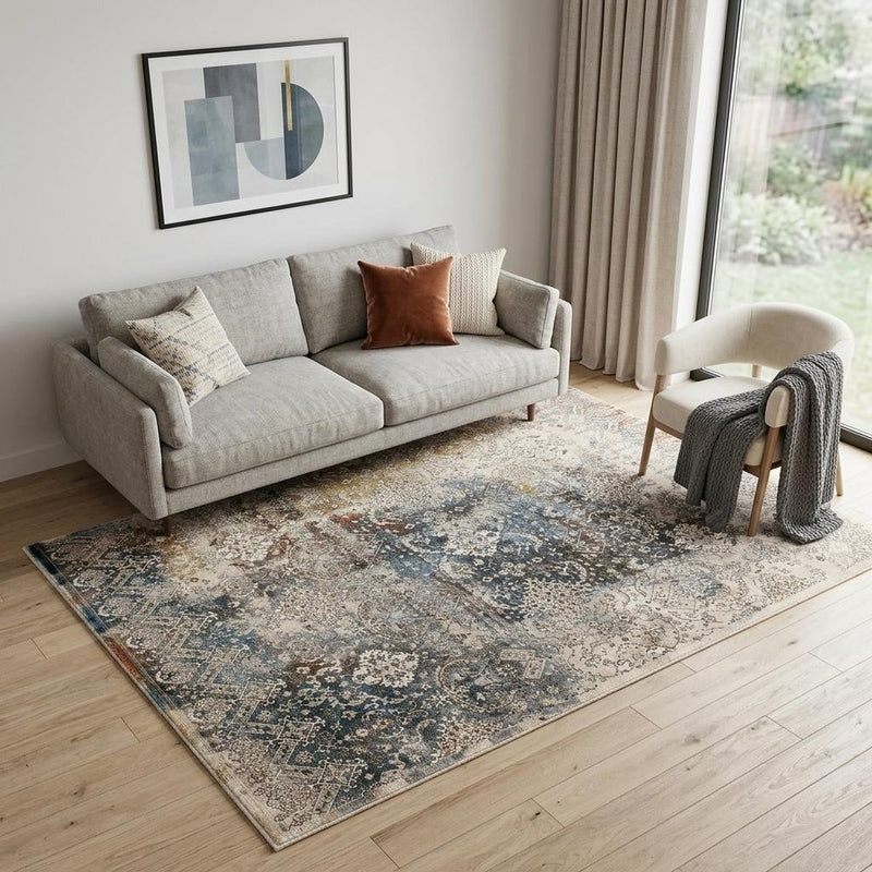 5' X 8' Blue And Orange Medallion Distressed Area Rug With Fringe