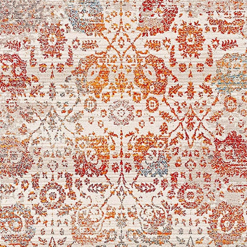 5' X 8' Orange And Red Floral Distressed Area Rug With Fringe