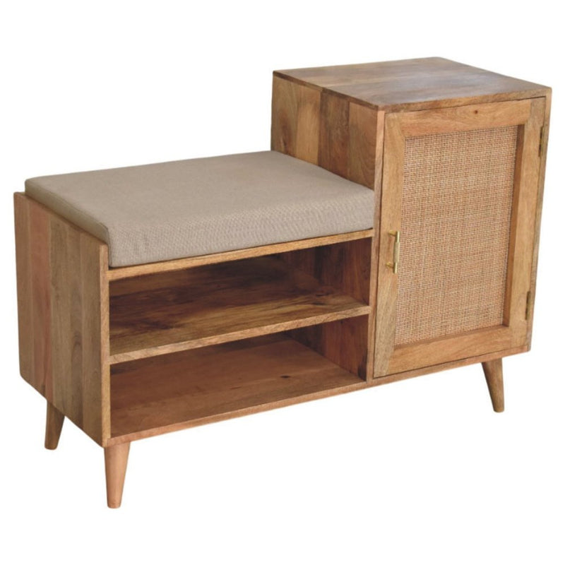 41" Beige And Oak Boucle And Solid Wood Upholstered Storage Bench With Cabinet And Shelves