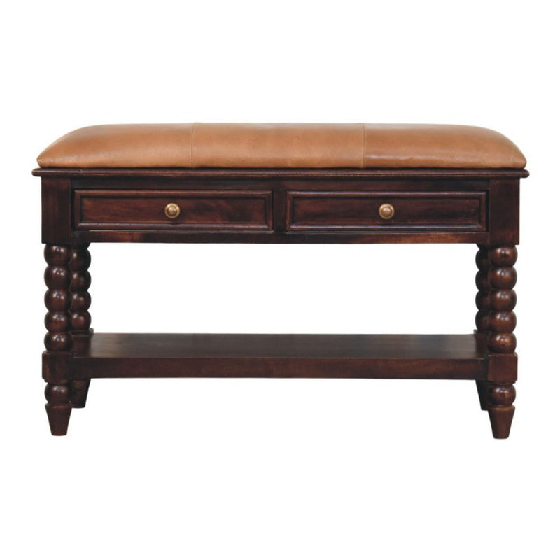 35" Tan And Dark Brown Genuine Leather And Solid Wood Upholstered Storage Bench With Drawers And Shelves