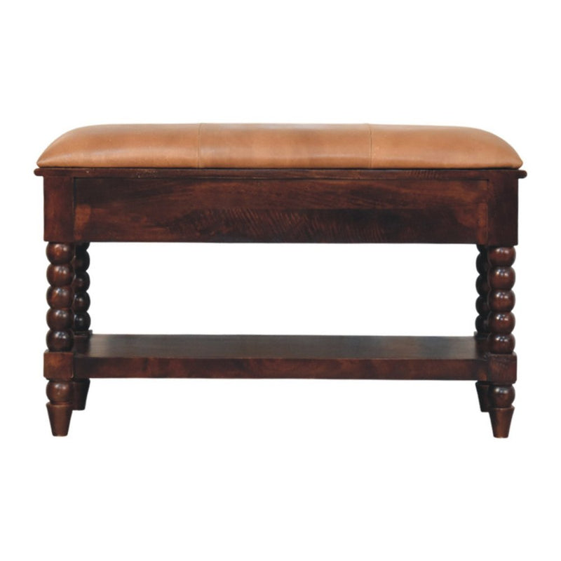35" Tan And Dark Brown Genuine Leather And Solid Wood Upholstered Storage Bench With Drawers And Shelves