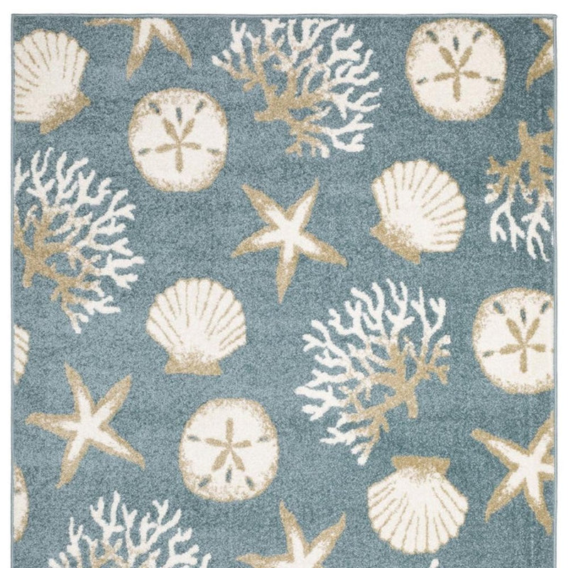 5' X 7' Blue And Beige Seashell and Coral Area Rug
