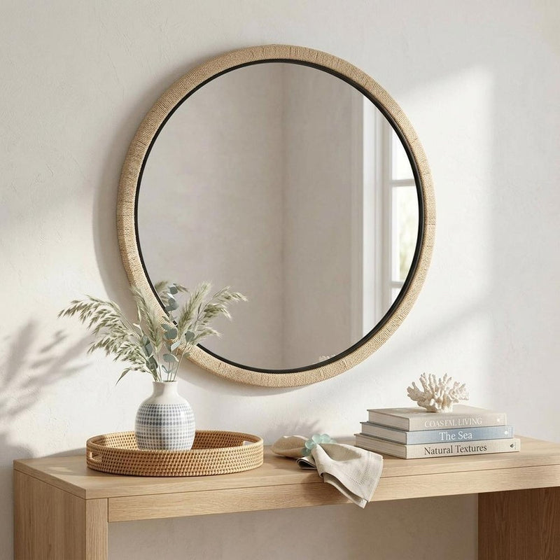 42" Black And Natural Jute And Wood Round Framed Accent Mirror