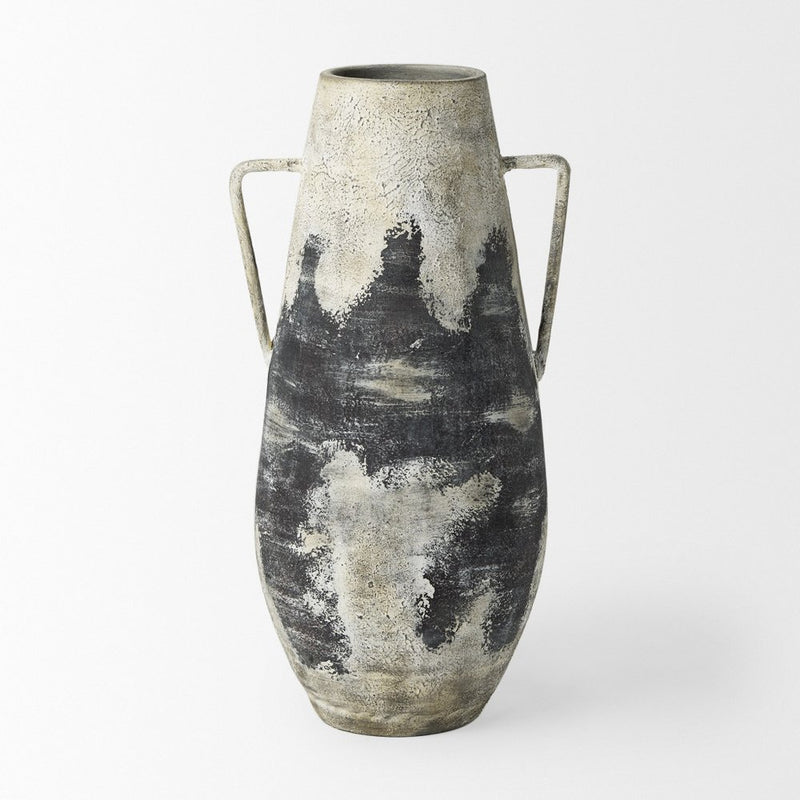 29" Black And White Ombre Ceramic Amphora Floor Vase
